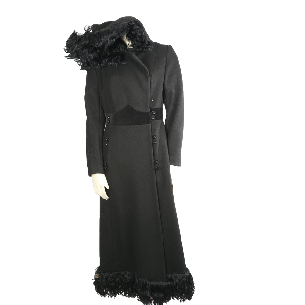 Vintage 60s 70s Coat Sears Black Long Fur Trim Hooded Elegant Gothic Rare XS